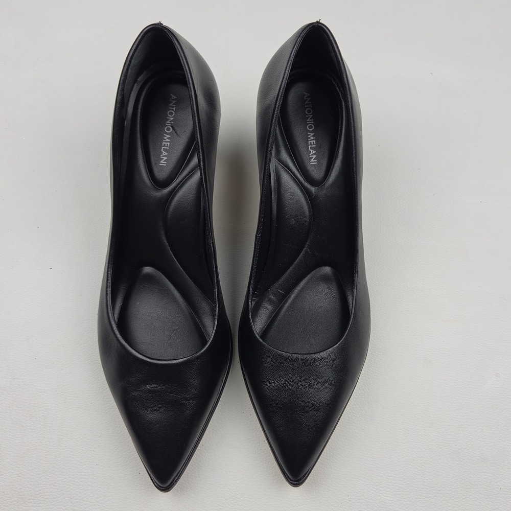 Antonio Melani Pumps 7M Black Leather Pointed Toe Kitten Heel Professional Shoes